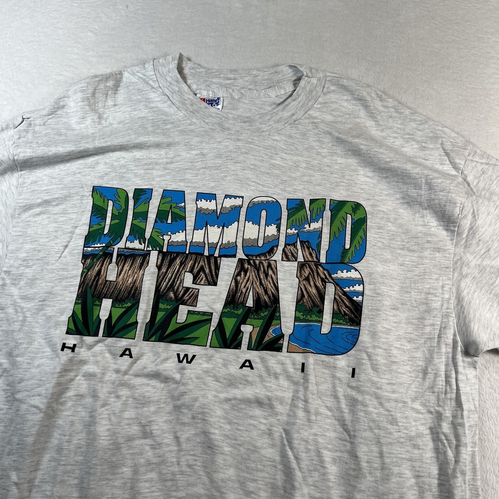 Vintage Hanes Shirt Mens XL Gray Diamond Head Hawaii Souvenir Graphic Tee USA